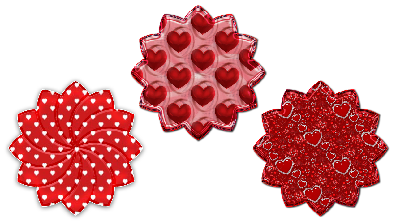 a bunch of red and white hearts on a black background, digital art, digital art, red dish, ruffles, silicone patch design, lotus