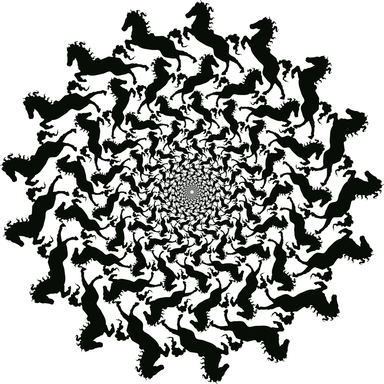 a circular pattern of silhouettes of animals on a black background, inspired by Benoit B. Mandelbrot, the horse above, sharp focus vector centered, void vortex, centred in image