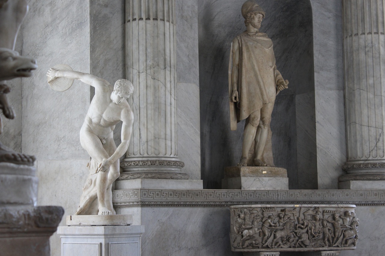 a statue of a man standing next to a statue of a man, a marble sculpture, neoclassicism, tombs, inside a marble, the fall of rome, right side composition