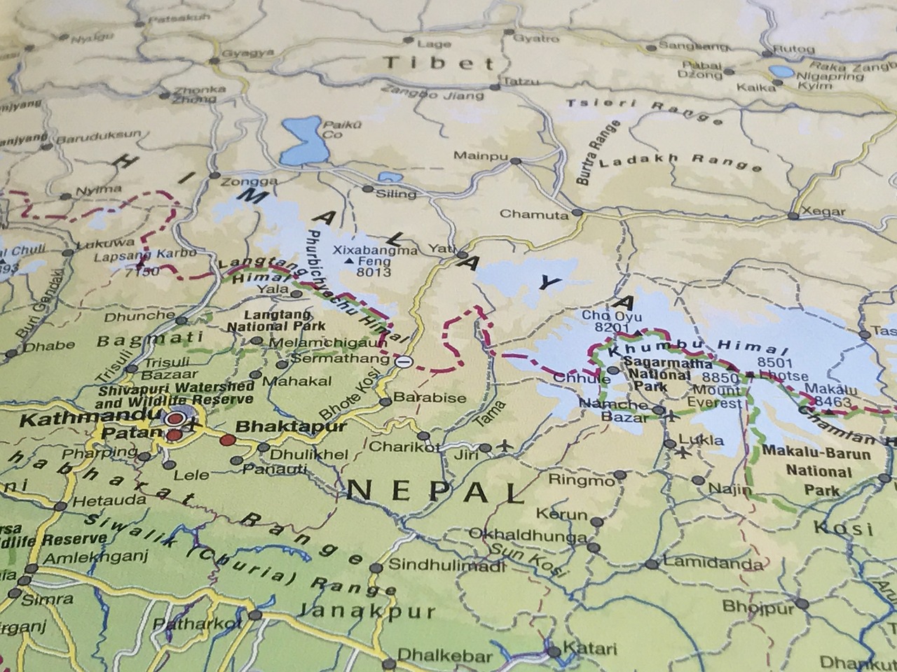 a close up of a map of nepal, hyperrealism, the photo shows a large, travel, extreme detailed, where a large