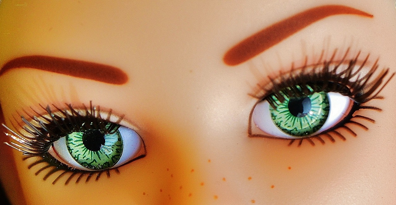 a close up of a doll with green eyes, inspired by Nene Thomas, tumblr, detailed anime eyes with pupils, full body close-up shot, light green eyes, two identical symmetrical eyes