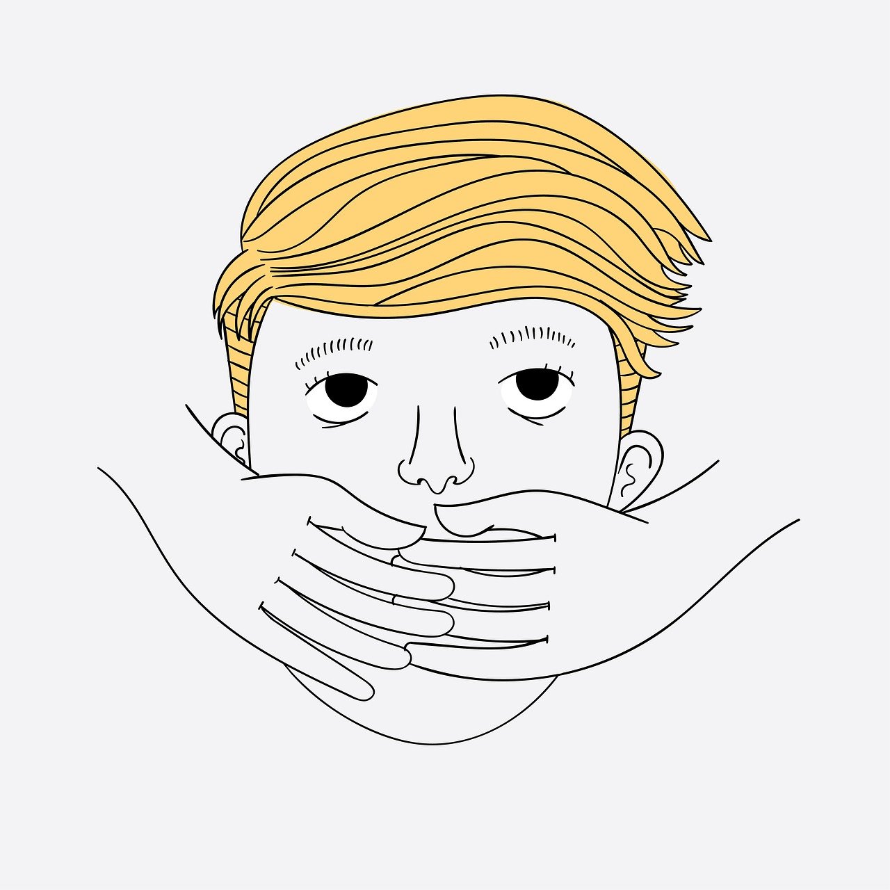 a drawing of a man covering his face with his hands, vector art, shutterstock, blond boy, portrait of trump, worksafe. illustration, clean lineart and flat color