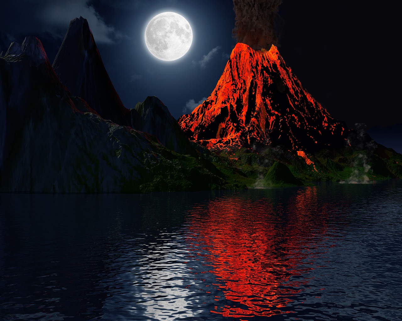 a volcano in the middle of a body of water with a full moon in the background, a matte painting, very beautiful photo, very accurate photo, red and obsidian neon, very detailed photo