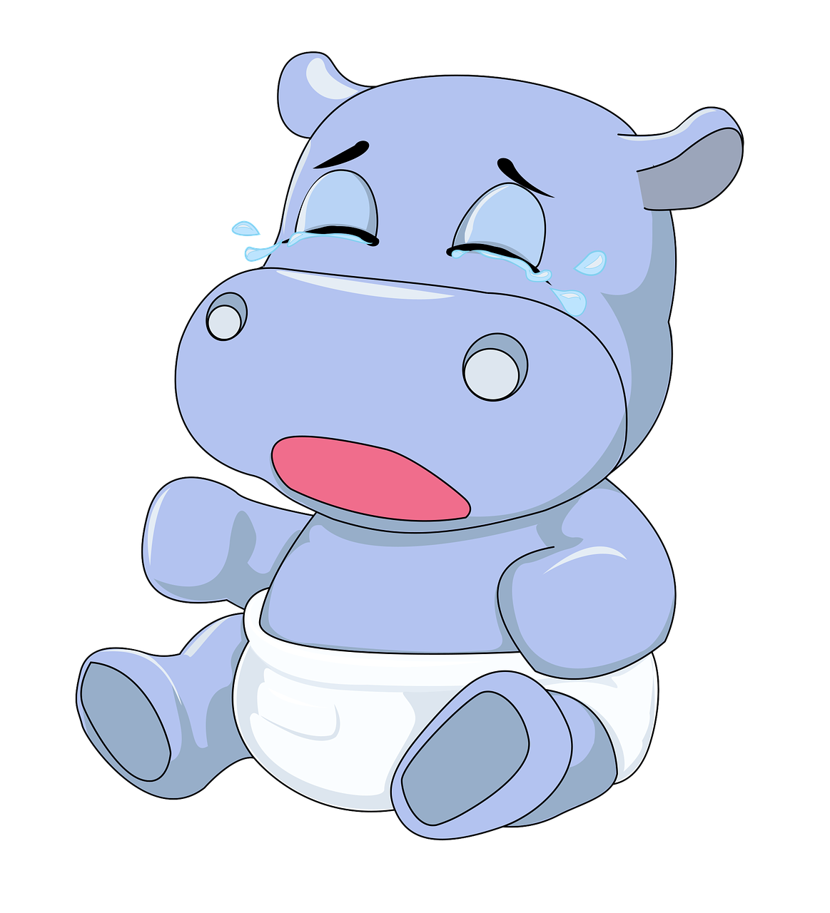 a cartoon hippo with a crying face, an illustration of, hurufiyya, crying big blue tears, on black background, chibi, complete scene