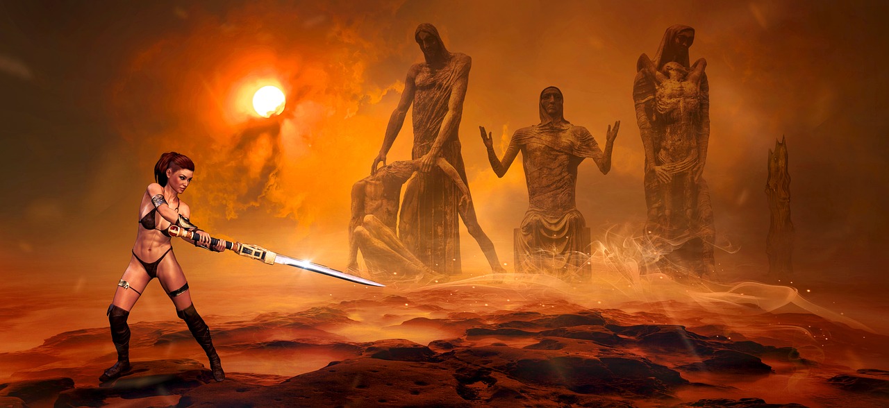 a woman holding a sword in front of a group of statues, by Ludwik Konarzewski, trending on pixabay, digital art, on the orange surface of mars, harrowing apocalyptic atmosphere, mars vacation photo, famine