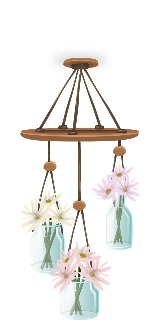 three hanging glass vases with flowers in them, a digital rendering, pixabay contest winner, folk art, daisy, wooden, rotating, 3 / 4 view portrait