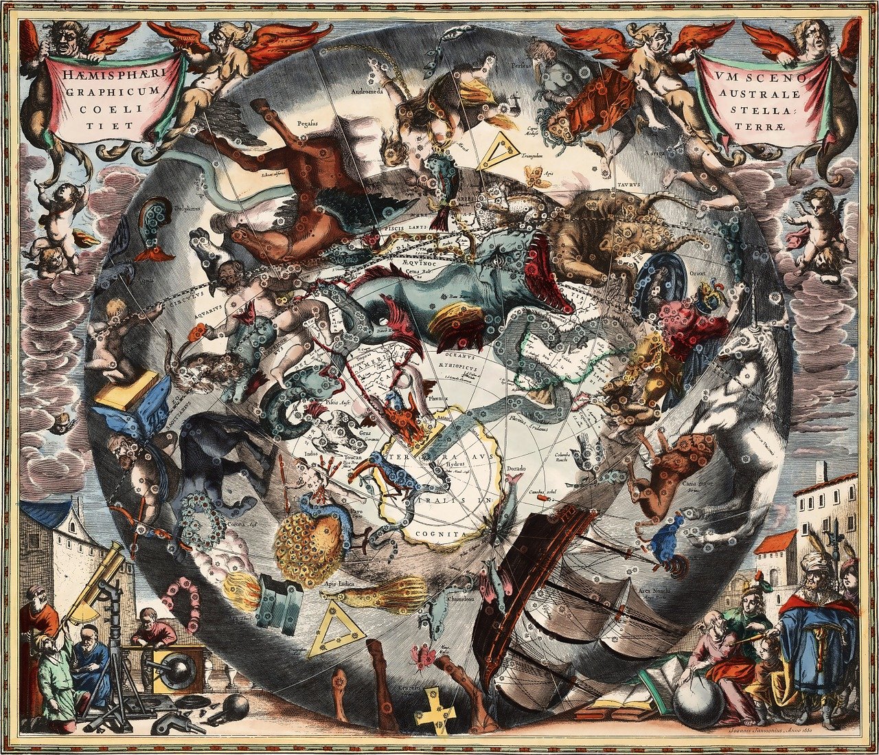 a close up of a map of the world, by Jan Zrzavý, zodiac, intense scene, round, painting of wild hunt in the sky