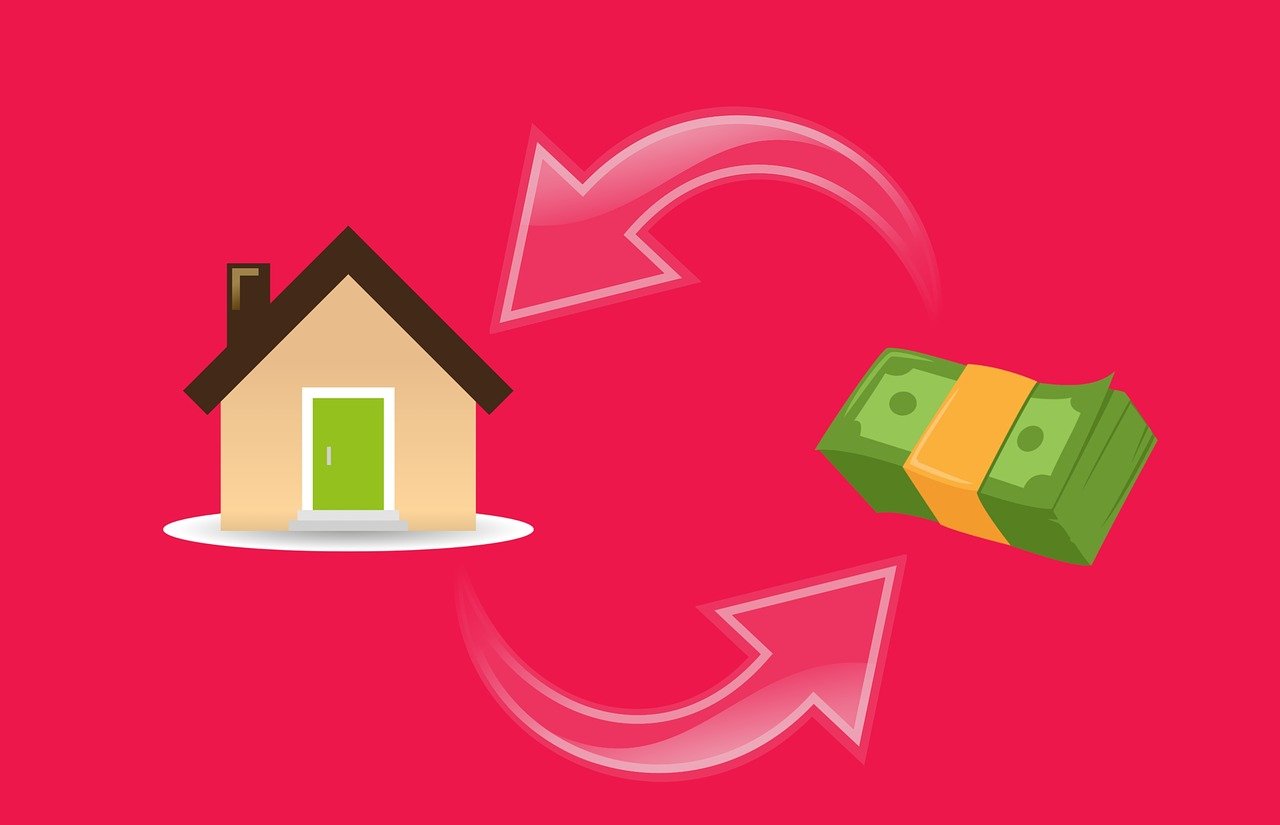 a house with money coming out of it, a digital rendering, with two arrows, flat color, half turned around, endless loop