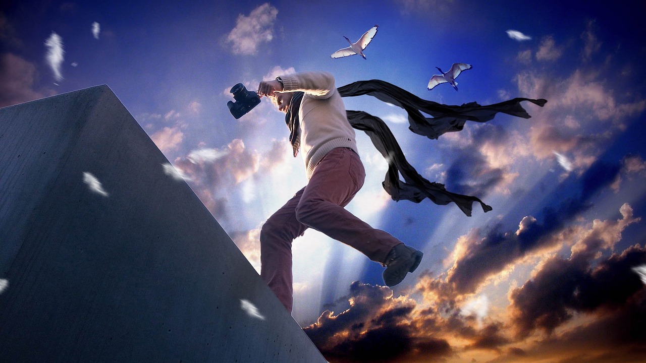 a man flying through the air while riding a skateboard, a picture, inspired by Storm Thorgerson, pixabay contest winner, art photography, camera looking up at her, taking a picture, photorealistic movie still, female ascending into the sky