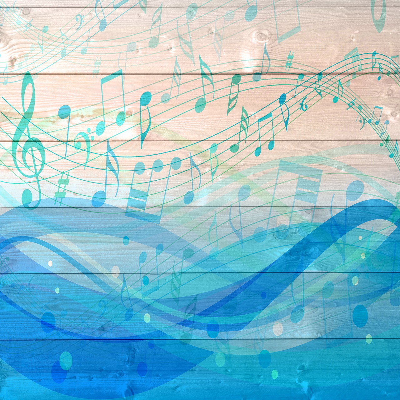 a painting of musical notes on a wooden wall, an illustration of, inspired by Peter Maxwell Ewart, shutterstock, azure waves of water, mixed media style illustration