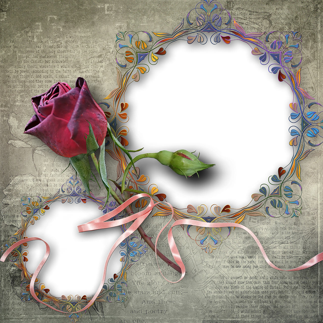 a rose sitting on top of a piece of paper, a picture, by Cindy Wright, pixabay contest winner, romanticism, filigree frame, round background, dark flowers, sergey krasovskiy