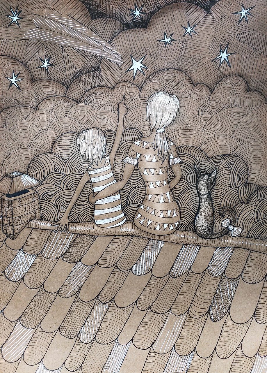 a couple of kids sitting on top of a boat, an ultrafine detailed painting, inspired by Yuko Shimizu, folk art, beige sky pencil marks, looking to stars, bird eye view, ultrafine detail ”