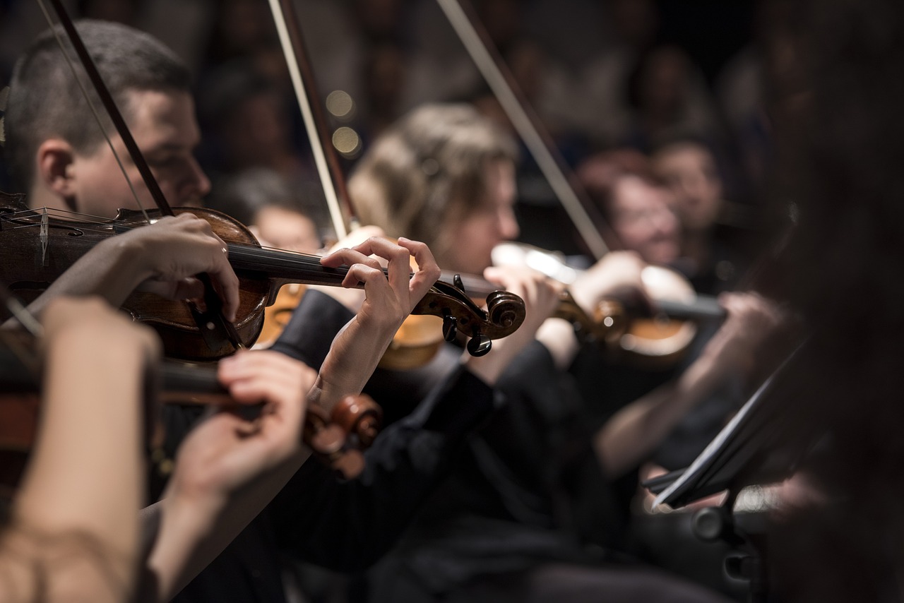 a group of people that are playing violin, a picture, by Matija Jama, shutterstock, concert footage, subtle detailing, orchestra, holding a bow