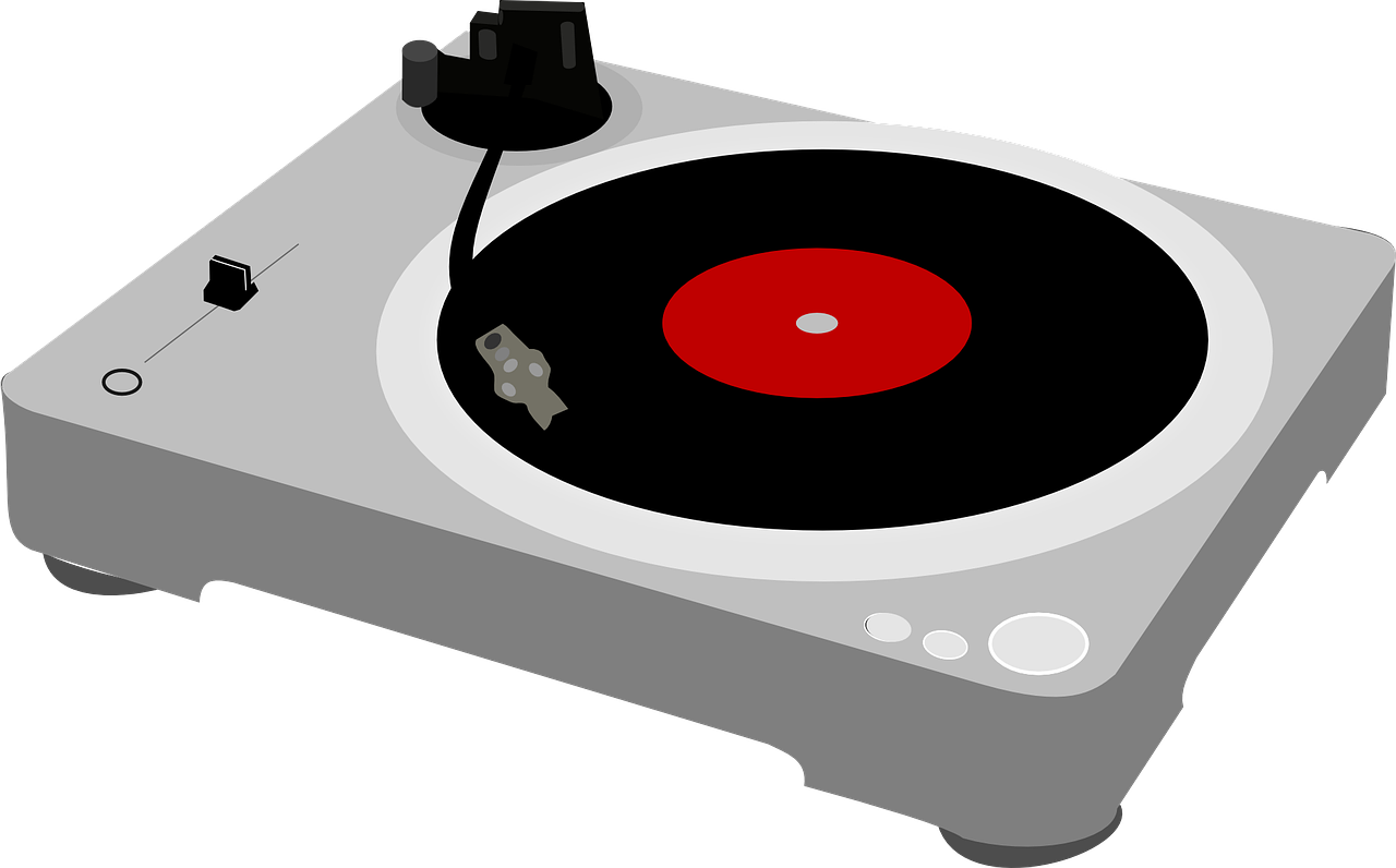a record player sitting on top of a turntable, vector art, pixabay, digital art, black steel with red trim, gray black white and red noir, zoomed out shot, ( ( dieter rams ) )