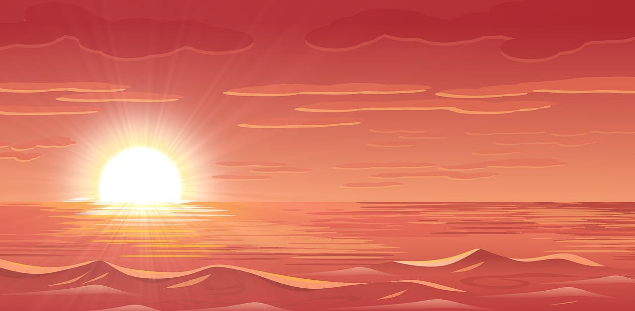 a sunset over a large body of water, an illustration of, inspired by Vladimir Borovikovsky, shutterstock, art deco, red sea, 1128x191 resolution, sunbathing. illustration, mobile game background