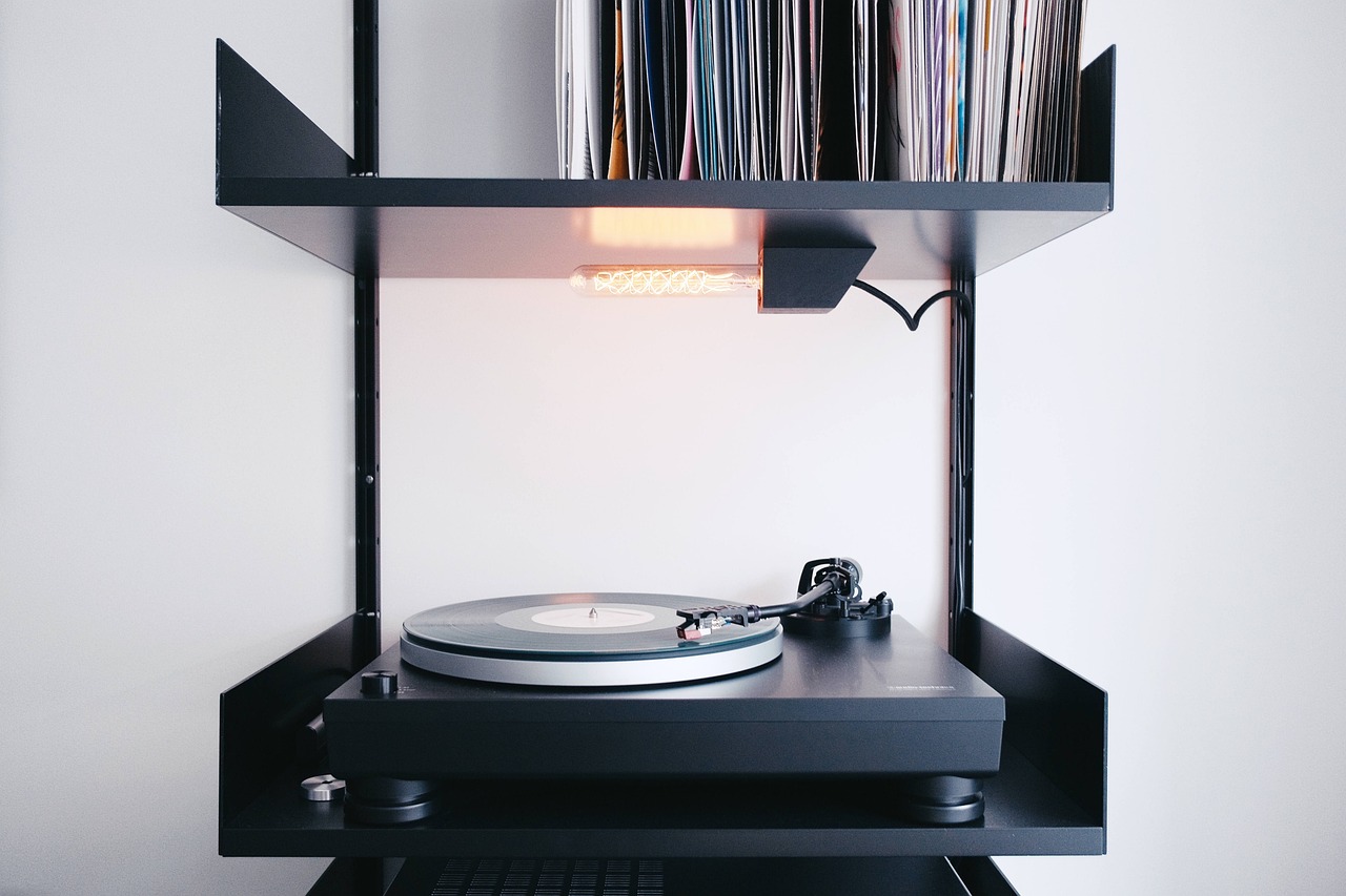 a record player sitting on top of a shelf, purism, light lighting side view, professional studio shot, seen from above, rack