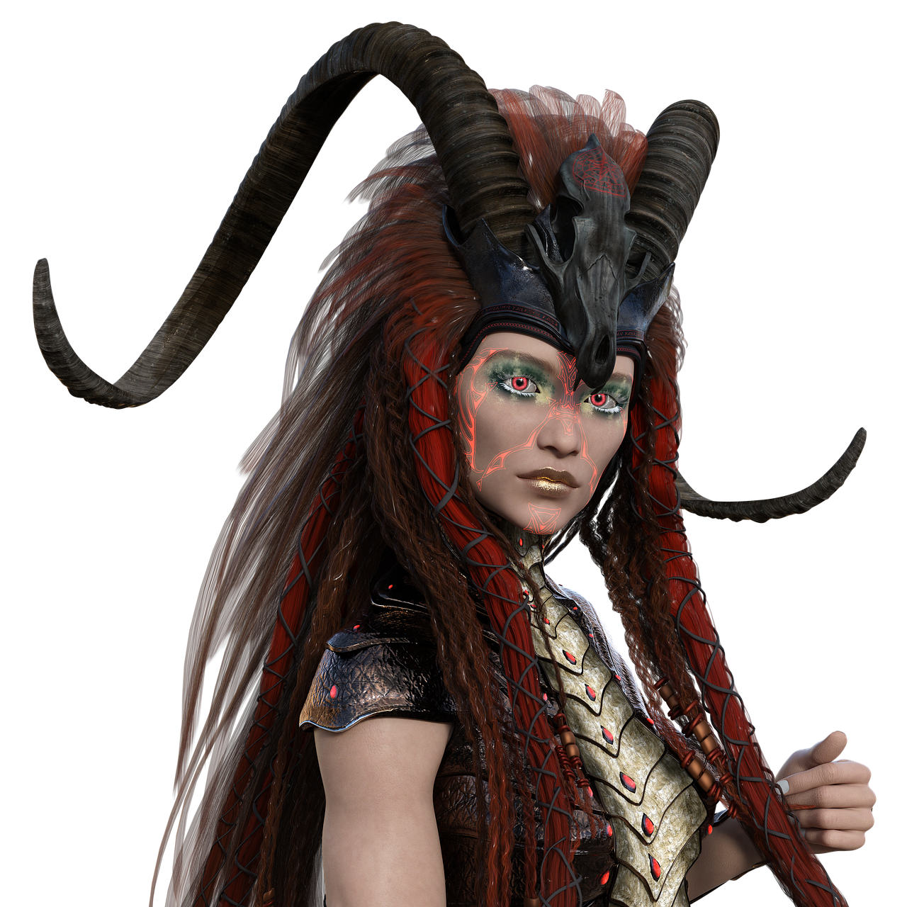 an image of a woman with horns on her head, inspired by senior character artist, 3 d render of a shaman, female dragonborn, uhd character details, horned ram goddess