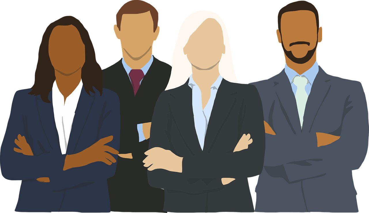 a group of business people standing next to each other, a cartoon, pixabay, standing with a black background, woman in business suit, politics, cel-shaded:15