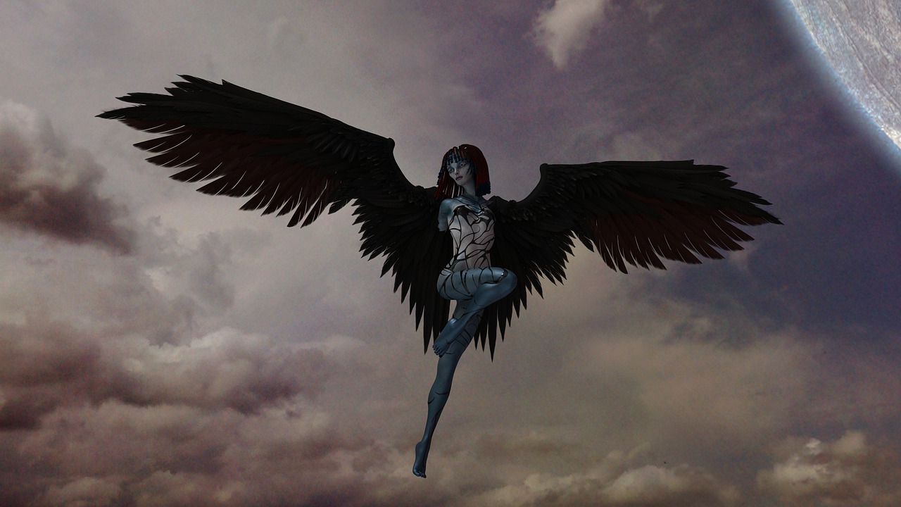 an image of an angel flying in the sky, digital art, zbrush central contest winner, gothic art, erza scarlet as a real person, mystique, evil posed, mothman