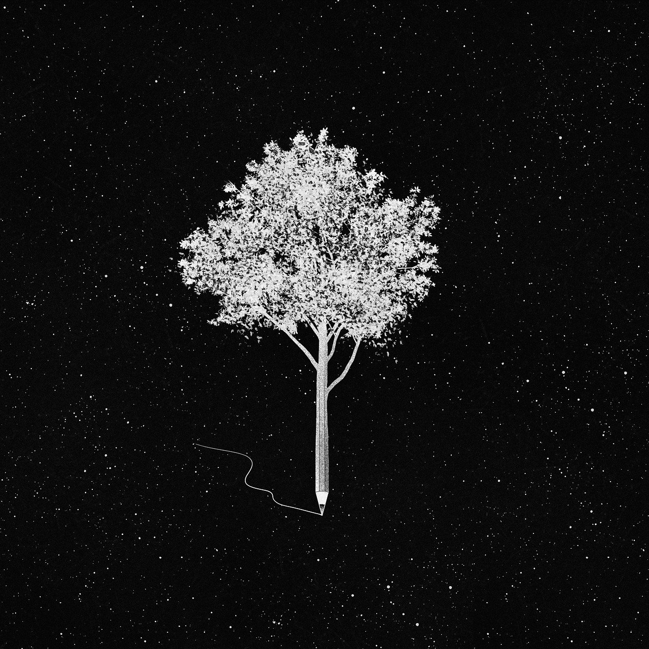 a black and white drawing of a tree, a stipple, unsplash, conceptual art, on a clear night sky, gypsophila, phone wallpaper, suspended in outer space