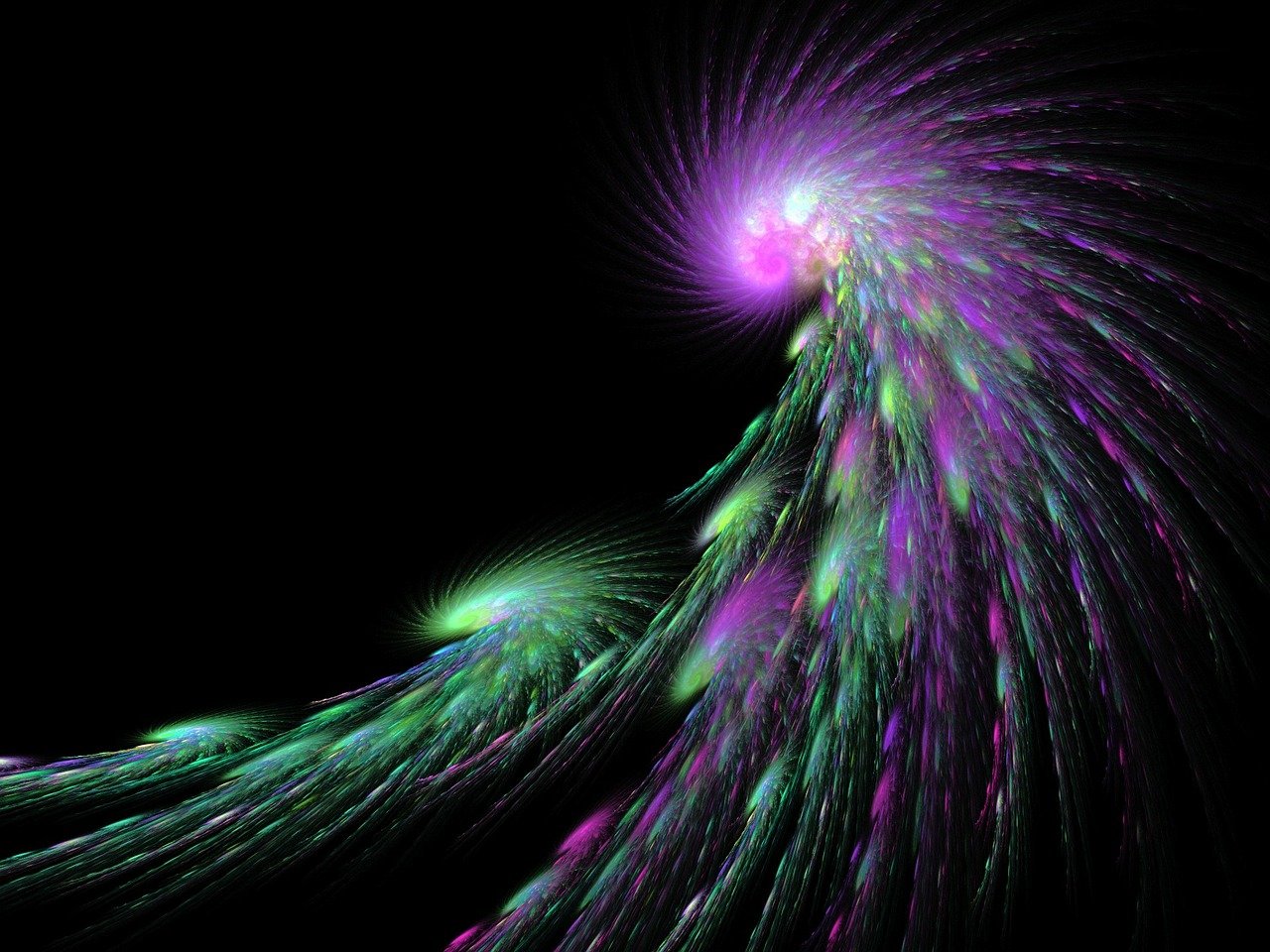 a green and purple swirl on a black background, digital art, inspired by Benoit B. Mandelbrot, flickr, glowing feathers, fireworks, 3d fractal background, wisps of energy in the air