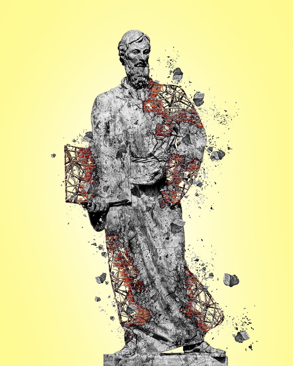 a statue of a man holding a bird cage, a statue, inspired by Constantine Andreou, neo-figurative, collage art background, the god particle, high contrast illustration, grizzled