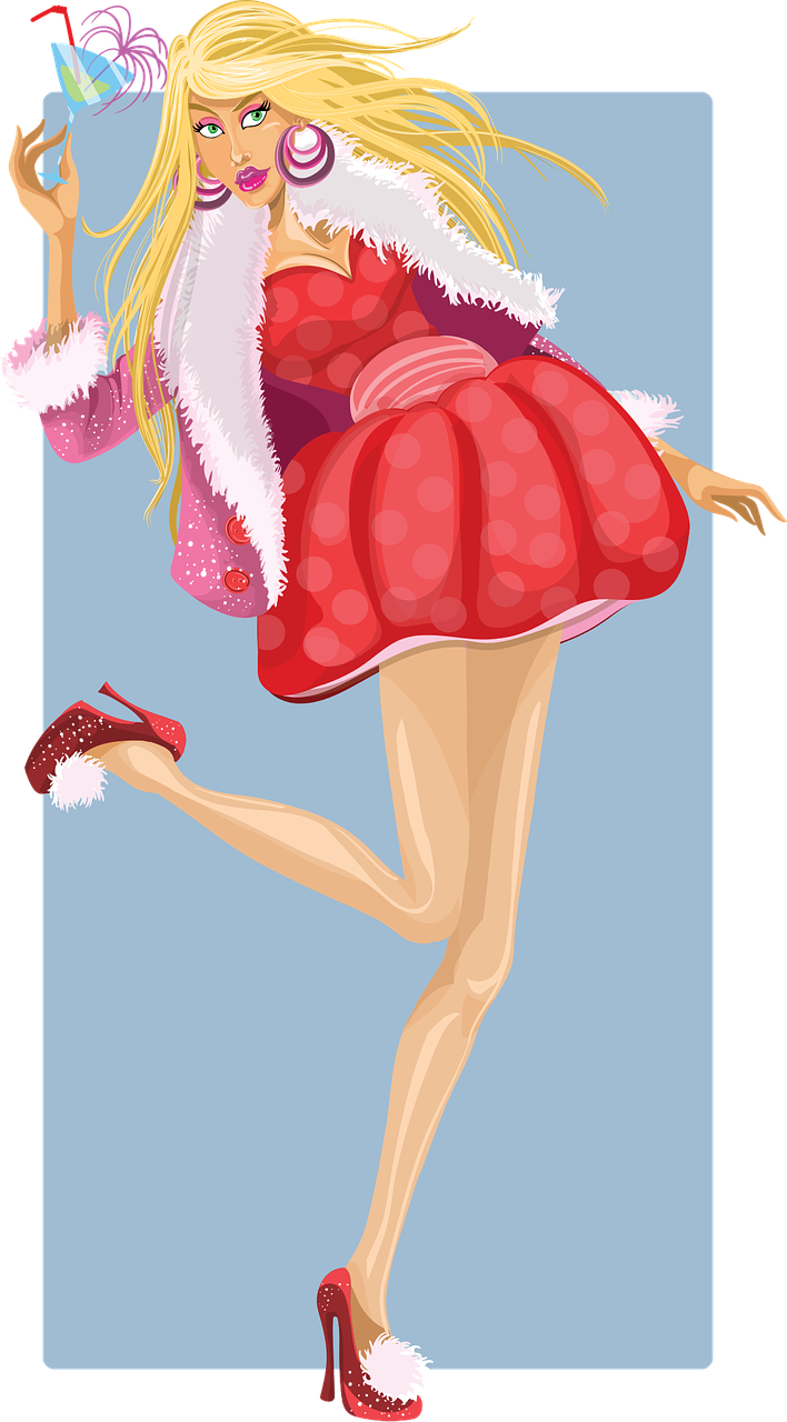 a cartoon picture of a woman in a red dress, by Melissa Benson, shutterstock, naive art, pink 7 inch high heels, santa claus, ecchi anime style, bottom view