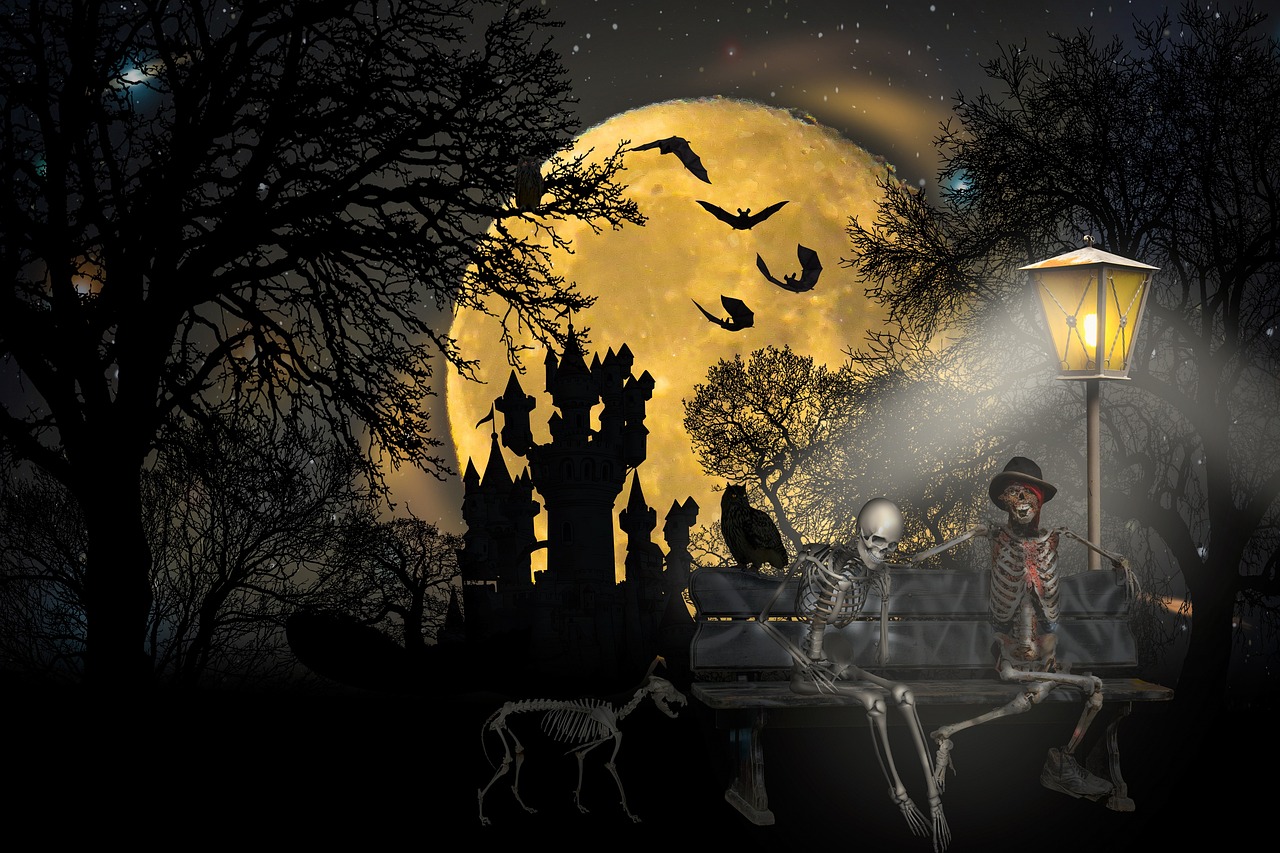 a group of people sitting on a bench in front of a full moon, by Cindy Wright, digital art, with a skeleton army, high quality fantasy stock photo, enhanced photo, scarry castle). mystical