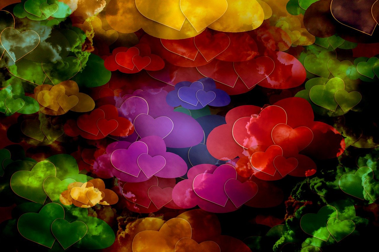 a bunch of different colored hearts on a black background, a microscopic photo, romanticism, (((colorful clouds))), flowery wallpaper, over saturated colors, deep colours. ”