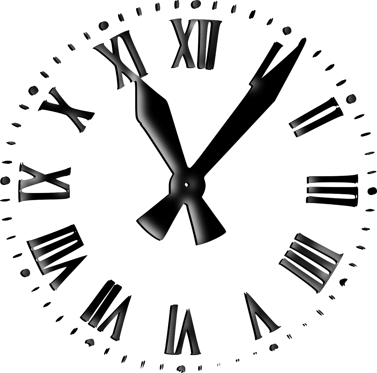 a black and white clock with roman numerals, a digital rendering, pixabay, !!! very coherent!!! vector art, version 3, an illustration, computer - generated