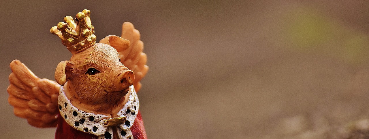 a figurine of a pig wearing a crown, a macro photograph, by Adam Chmielowski, man dressed as a chicken, telephoto shot, banner, tourist photo