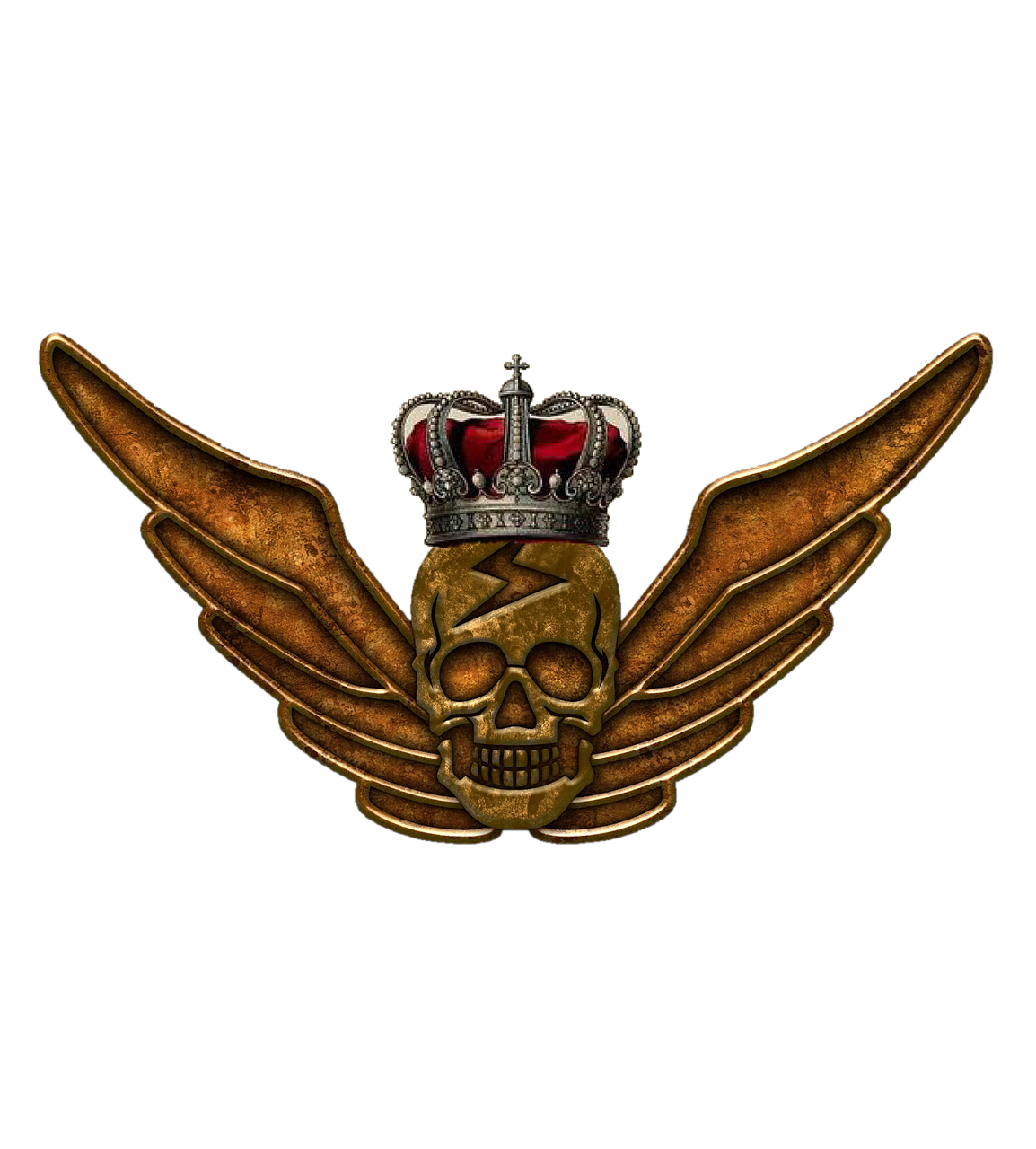 a gold skull with a crown on top of it, by Bob Ringwood, digital art, aircraft wings on back, military insignia, 4k high res, biker