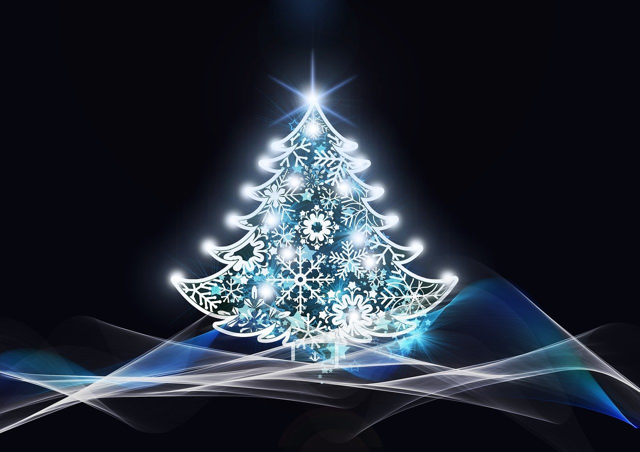 a blue and white christmas tree on a black background, digital art, beautiful iphone wallpaper, glowing white lasers, transparent backround, wonderful scene