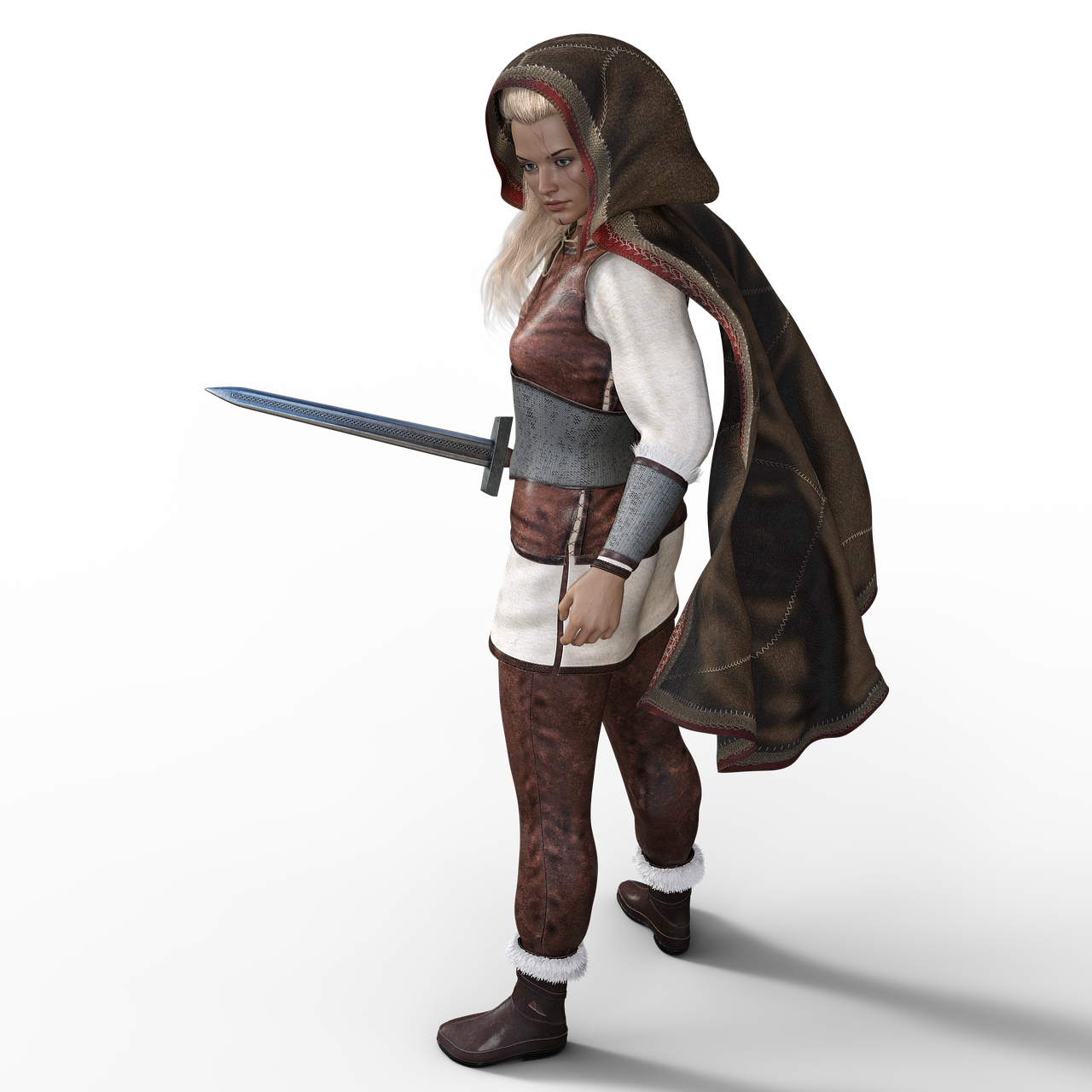 a woman dressed in medieval clothing holding a sword, a low poly render, inspired by senior character artist, trending on polycount, renaissance, elvish blonde male warrior, brown hooded cloak, ingame image, detailed armor with white scarf