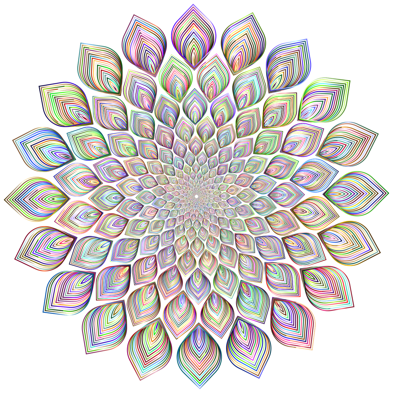 a multicolored flower on a black background, a digital rendering, psychedelic art, plume made of geometry, art deco intricate ripples, made of multicolored crystals, full of colour 8-w 1024