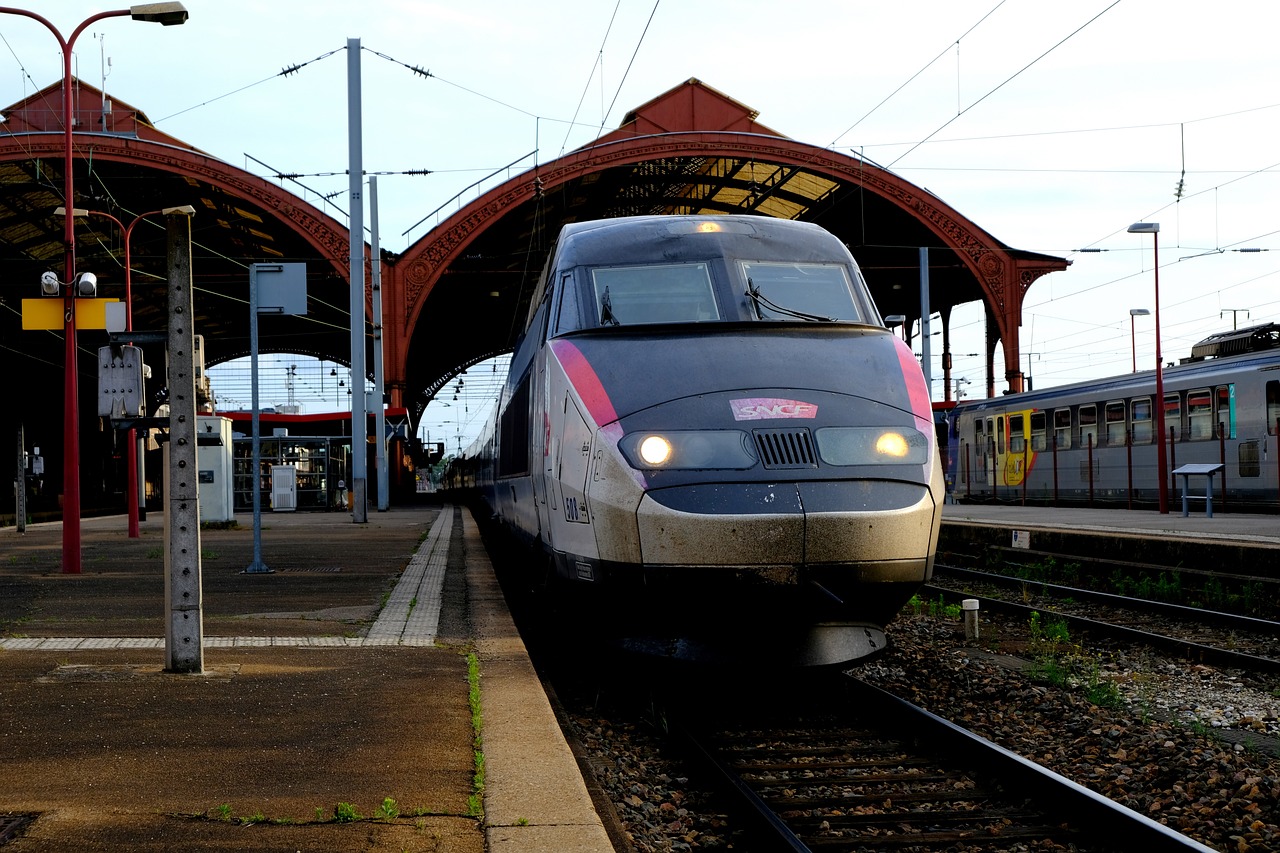 a silver train pulling into a train station, by Jens Søndergaard, flickr, traveling in france, tgv, symmetrical!!!, summer morning