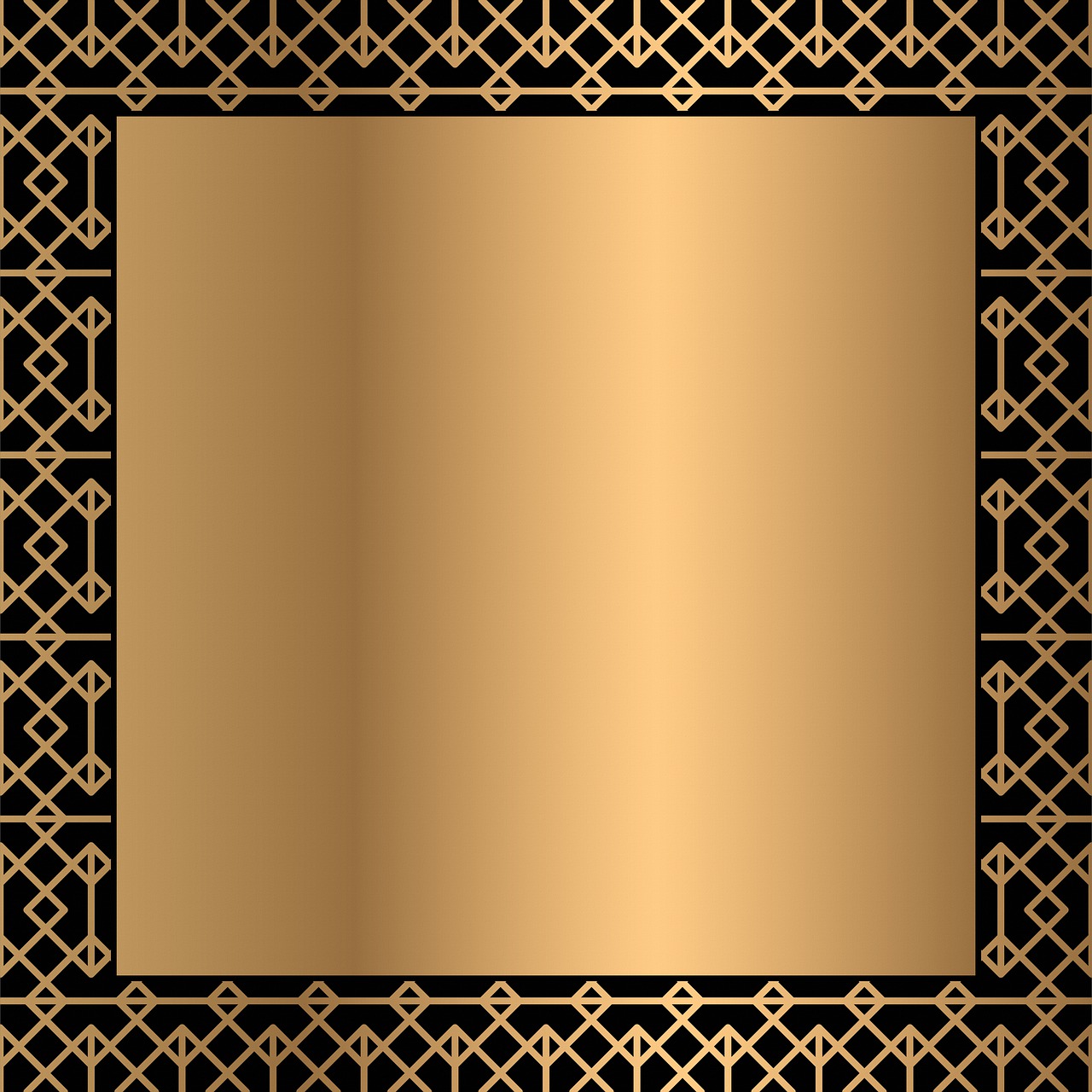a gold metal plate on a black background, art deco, stylized border, lattice, serene, light brown background