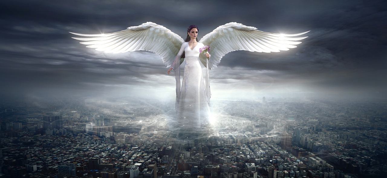 an angel flying over a city on a cloudy day, by Marie Angel, pixabay contest winner, digital art, a beautiful woman in white, radiant halo of light, full-body view, dramatic”