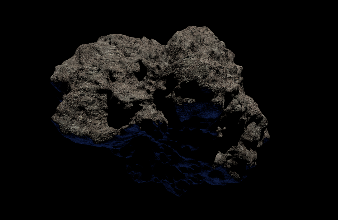 a close up of a rock near a body of water, an ambient occlusion render, digital art, metallic asteroid, blue realistic 3 d render, on a black background, in style of photogrammetry cloud