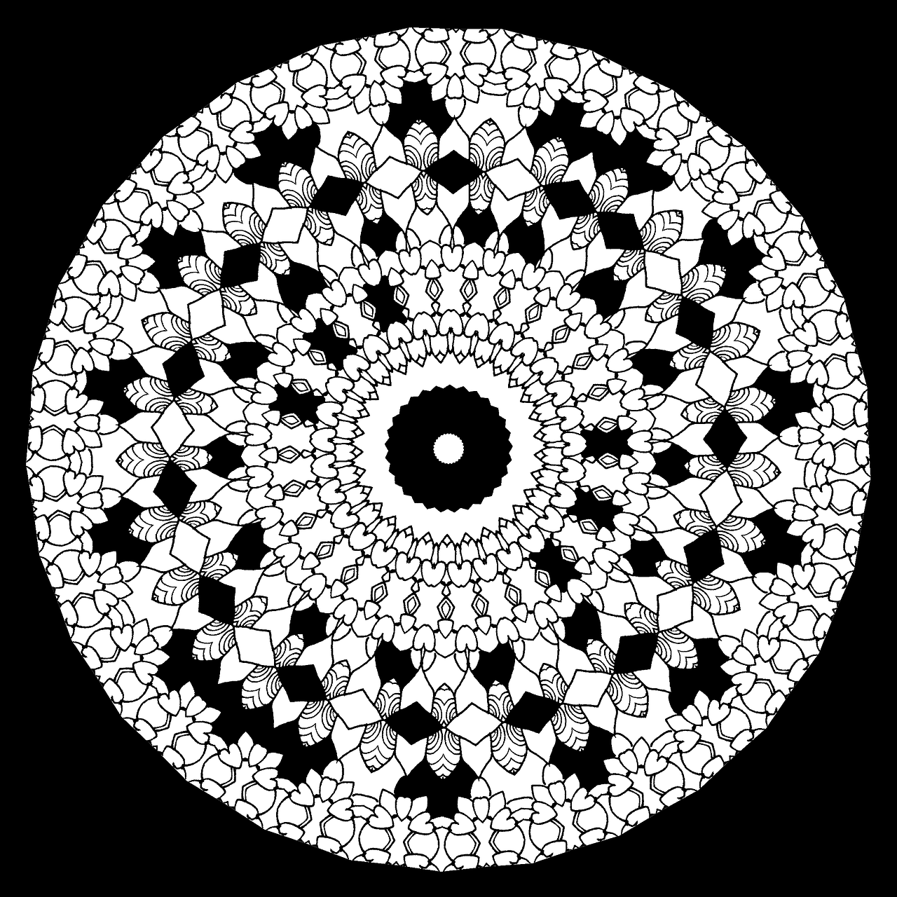 a black and white circular design on a black background, a raytraced image, inspired by Benoit B. Mandelbrot, reddit, persian folkore artstyle, hexagonal, palm pattern visible, porcelain forcefield