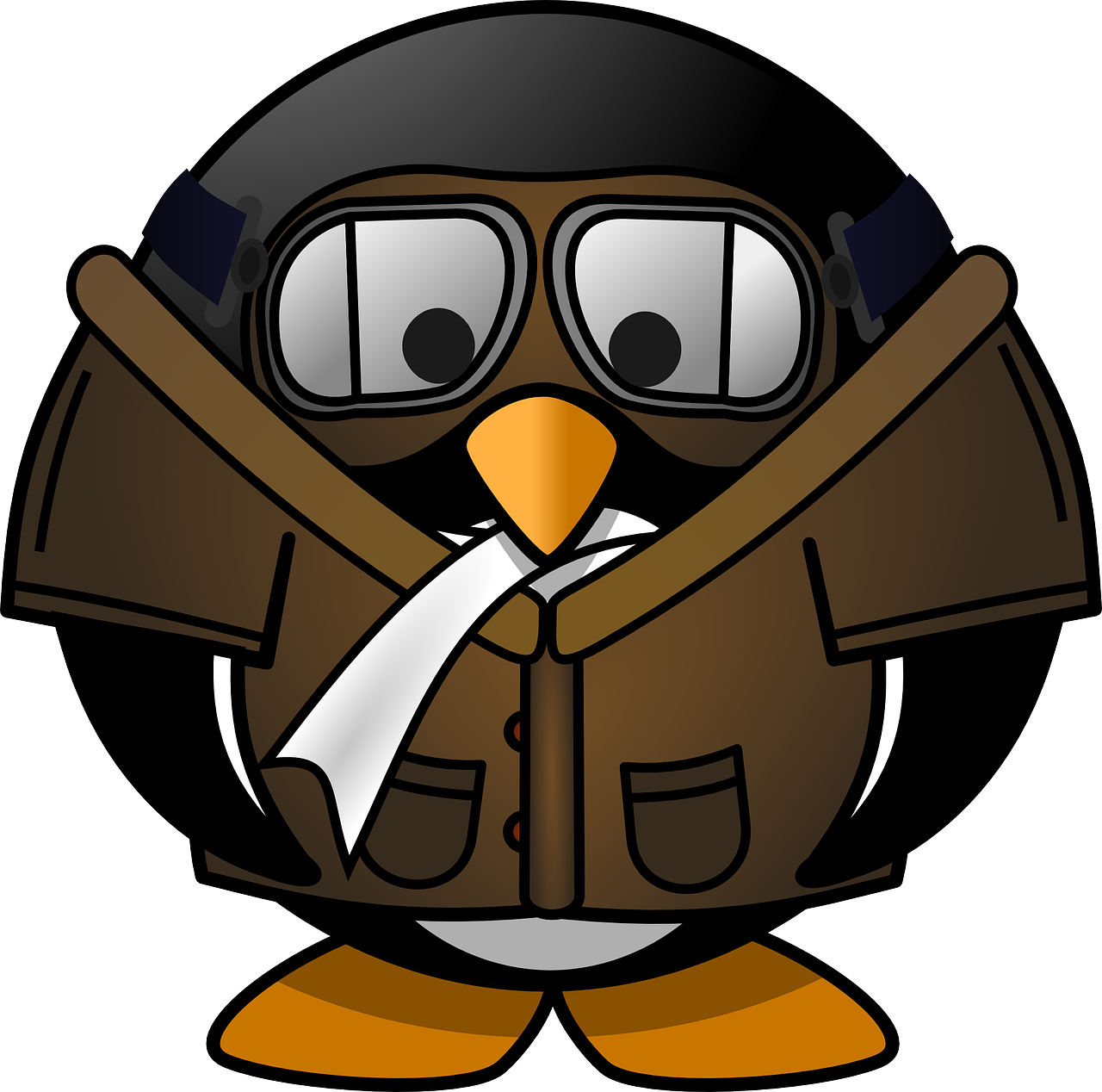 a cartoon penguin wearing a jacket and tie, a digital rendering, inspired by Jacob Duck, figuration libre, military pilot clothing, black and brown colors, what a bumbler!, clipart