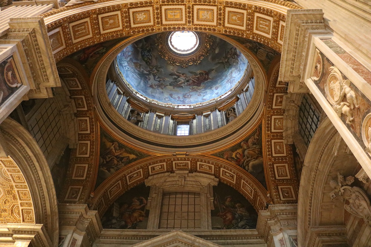 a close up of a dome in a building, by Cagnaccio di San Pietro, img _ 9 7 5. raw, secrets inside the vatican, last photo, 🪔 🎨;🌞🌄