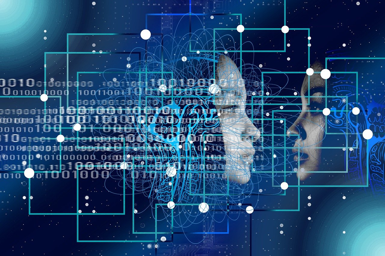 a close up of a person's face on a computer screen, digital art, shutterstock, digital art, robot head and man head, mathematical, covered in circuitry, female cyborg in data center