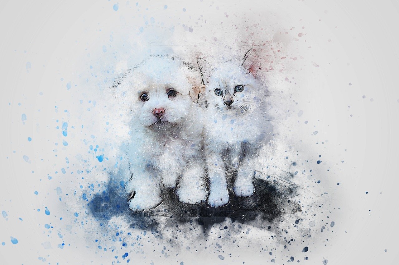 two white kittens sitting next to each other, a digital painting, trending on pixabay, furry art, small white dog at her side, water color splash, mixed media style illustration, amazingly composed image