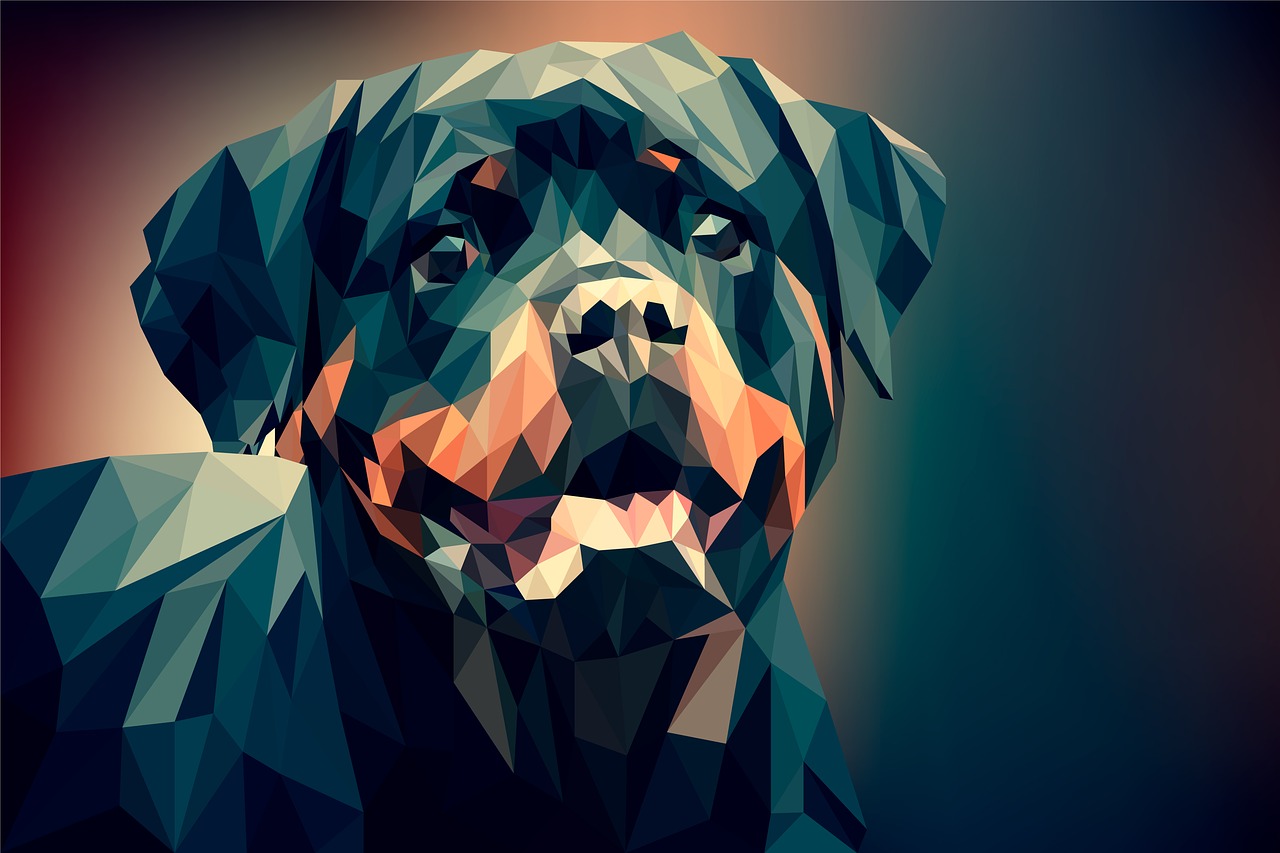 a close up of a dog's face on a colorful background, vector art, by Aleksander Gierymski, shutterstock, digital art, 3d geometric abstract art, rottweiler dinosaur hybrid, 4k uhd wallpaper, black dog