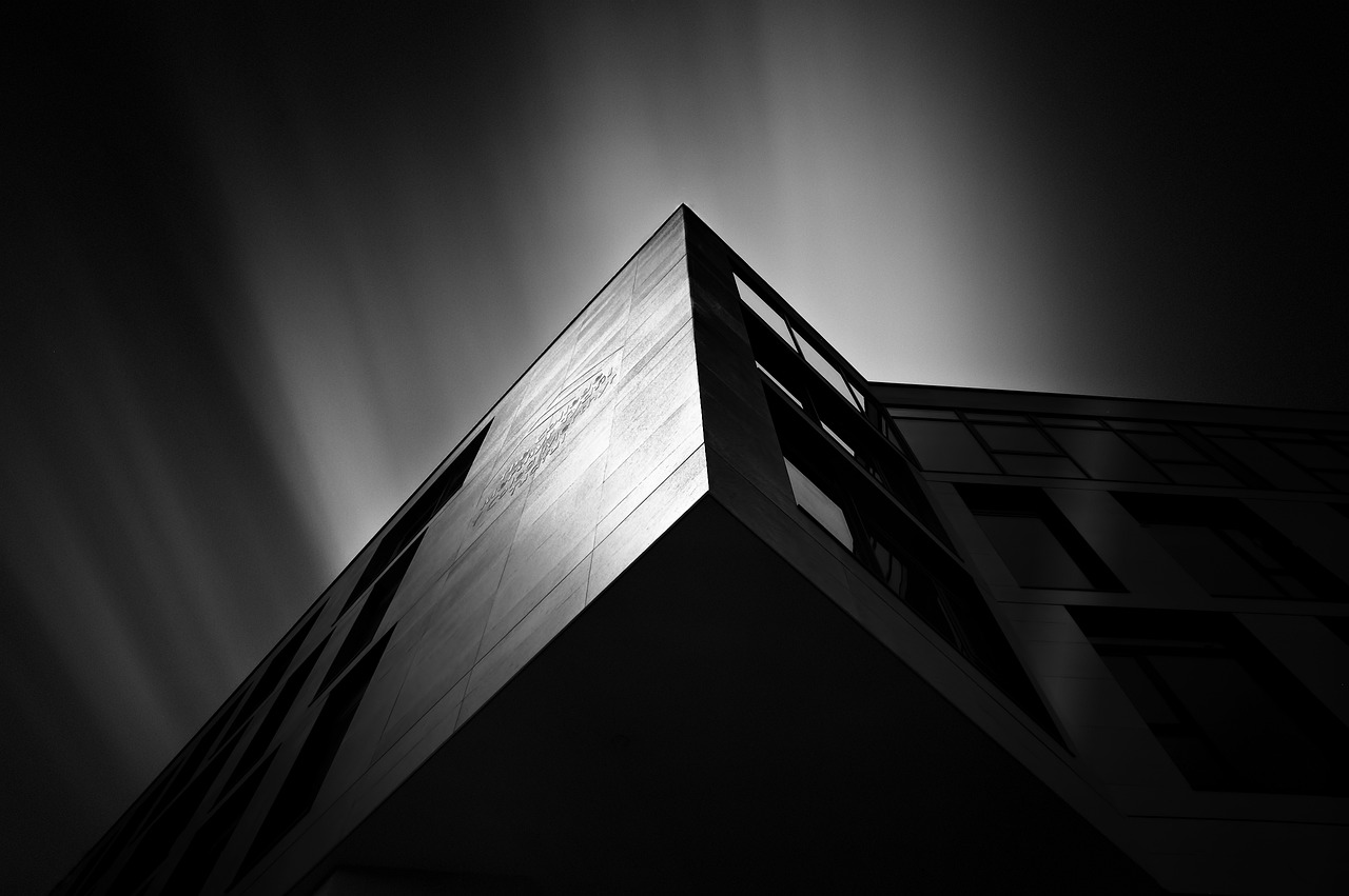 a black and white photo of a tall building, a black and white photo, by Matthias Weischer, dynamic angled shot, backlit glow, shot on a 9.8mm wide angle lens, angular face