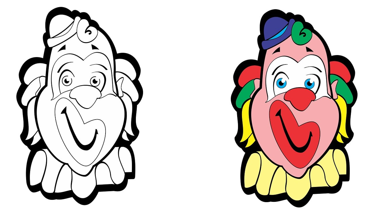 a couple of clowns standing next to each other, vector art, inspired by Bernd Fasching, shutterstock, process art, colouring pages, disney cartoon face, views front side and rear, jajaboonords flipjimtots