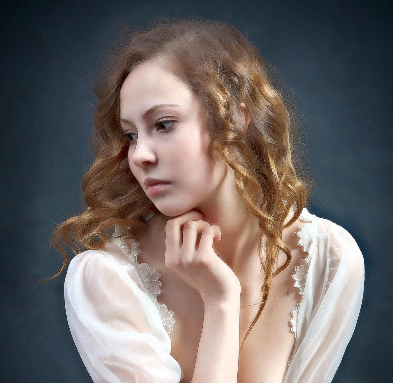 a woman in a white dress posing for a picture, a portrait, inspired by irakli nadar, shutterstock, romanticism, pale skin curly blond hair, depressed girl portrait, realistic portrait photo, 60mm portrait