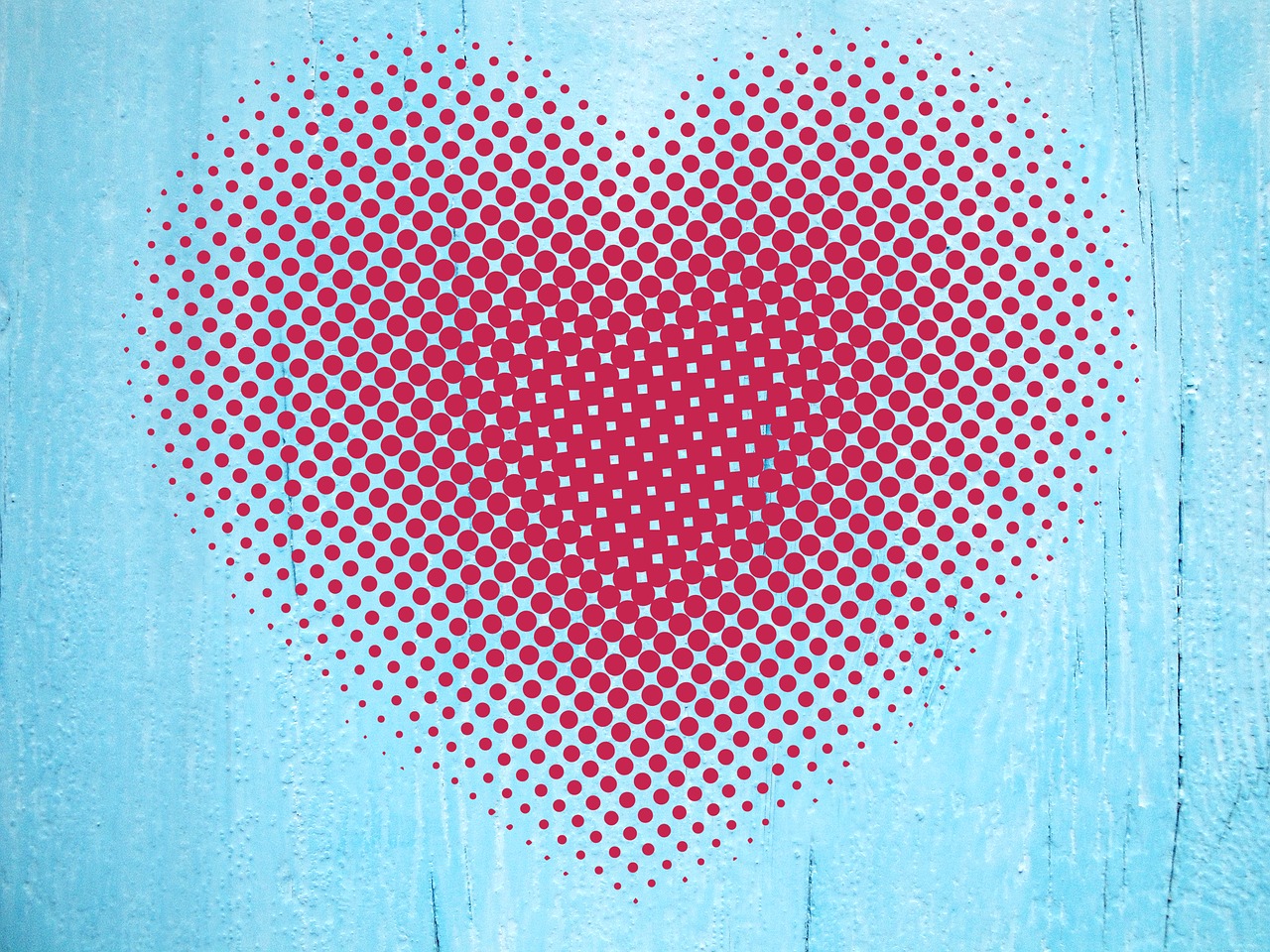 a red and white heart on a blue background, by Julian Allen, pop art, halftone dots, wooden background, panel, on wood