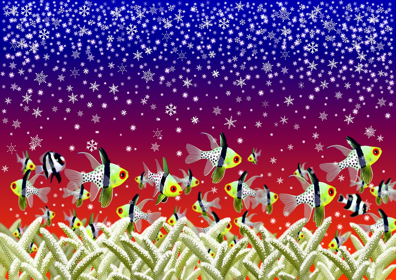 a group of fish standing on top of a snow covered field, a digital rendering, by Kume Keiichiro, naive art, snowflakes, psychedelic vegetation, wallpaper”